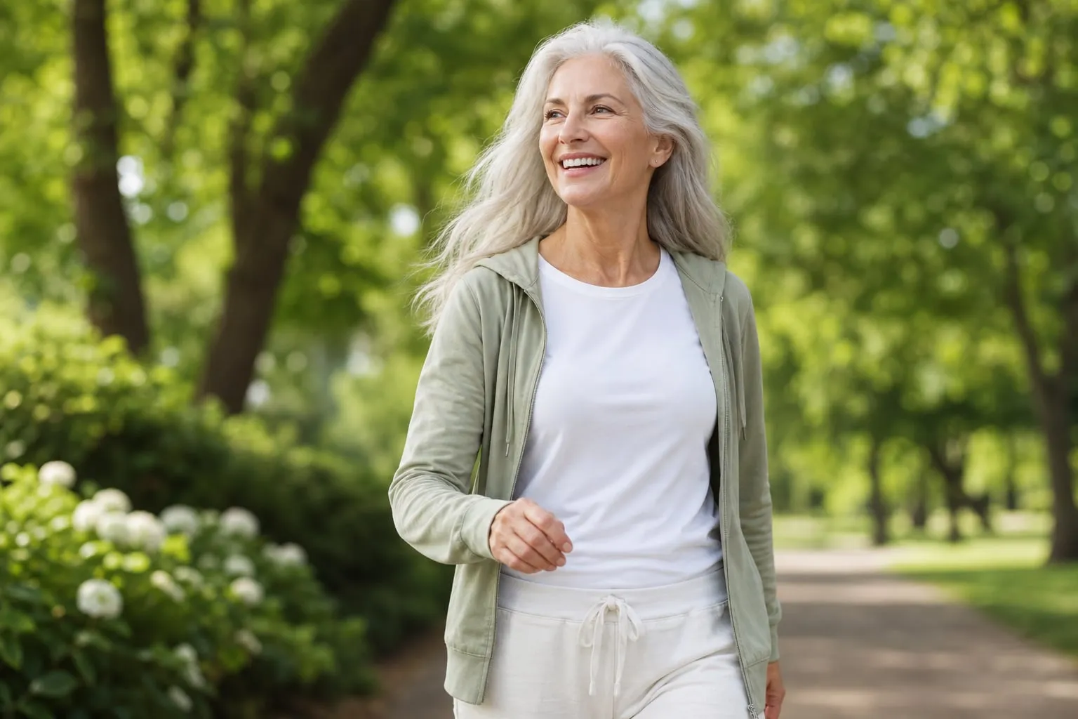 An active older adult walking outdoors
