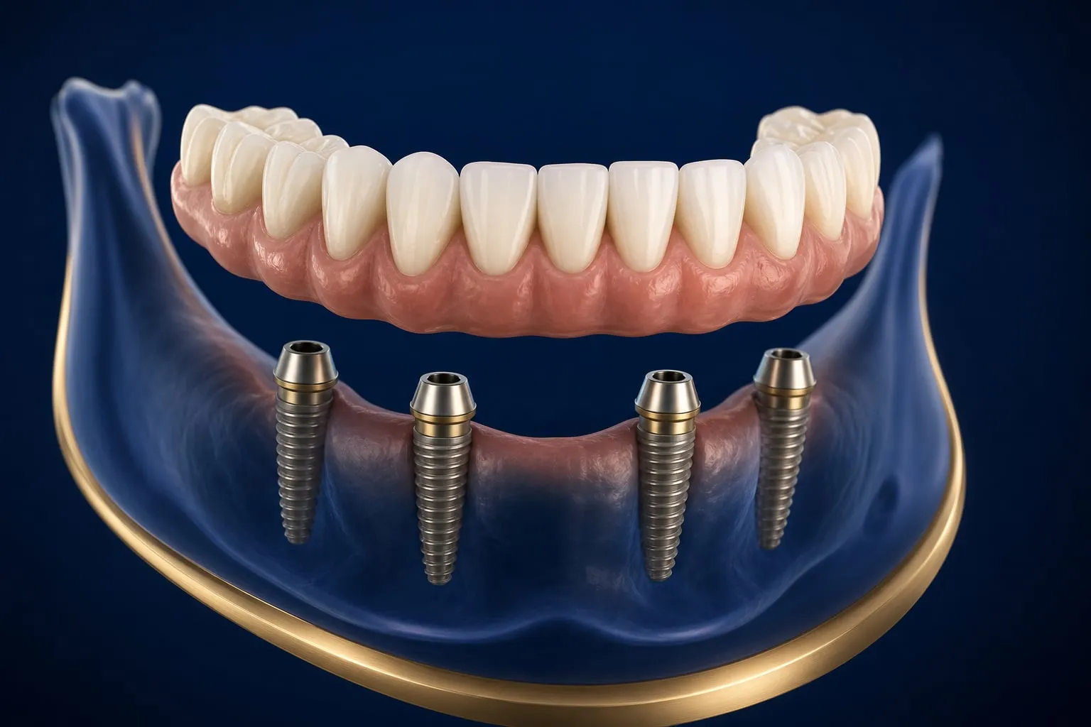A 3D illustration of a full-arch restoration supported by four dental implants