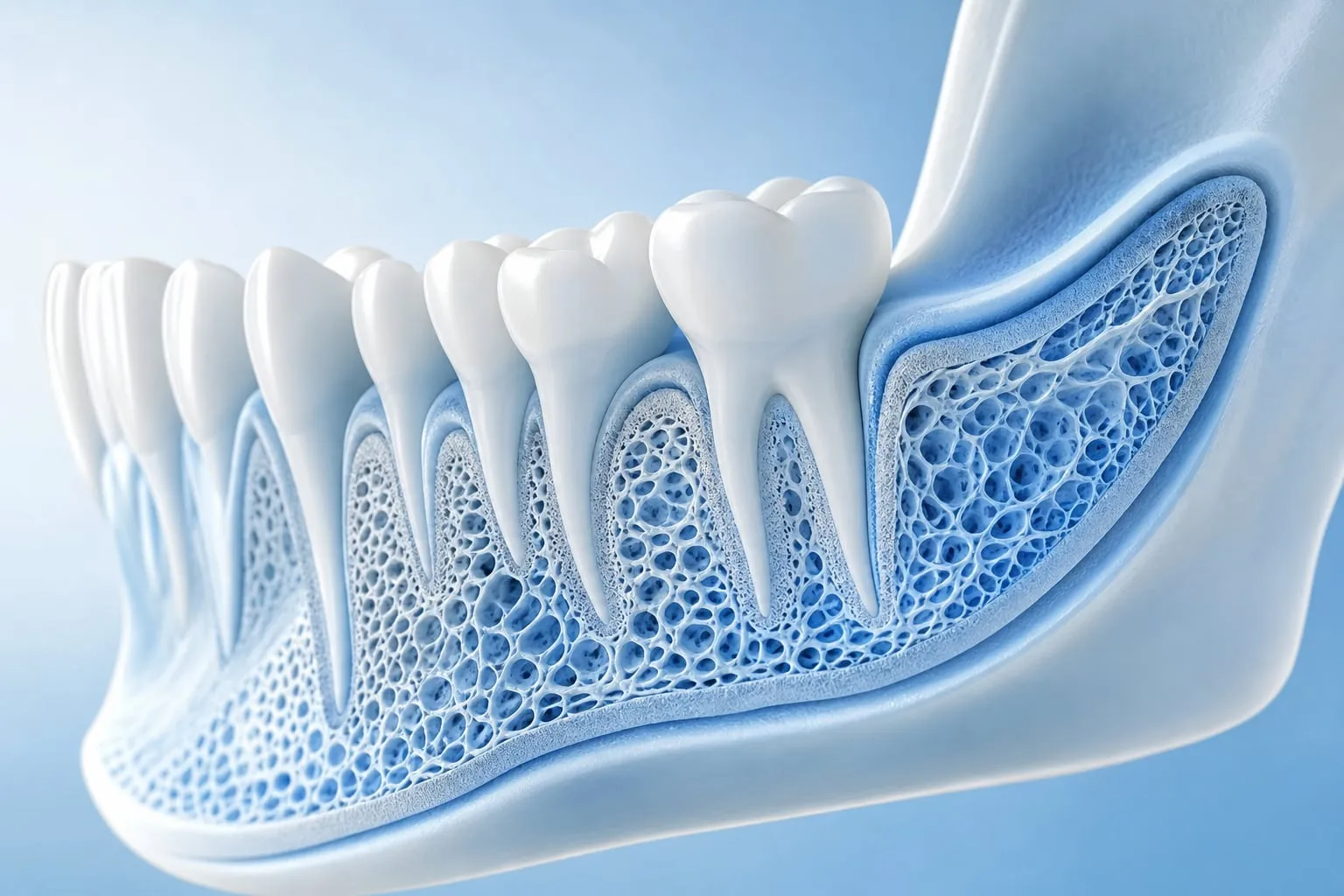 A 3D rendering of a jawbone highlighting bone density