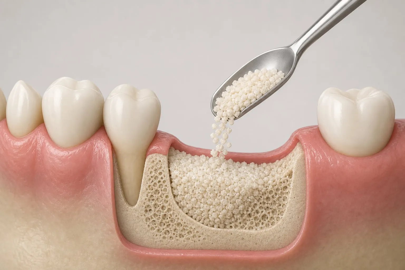 A 3D illustration of bone graft material being added to the jaw