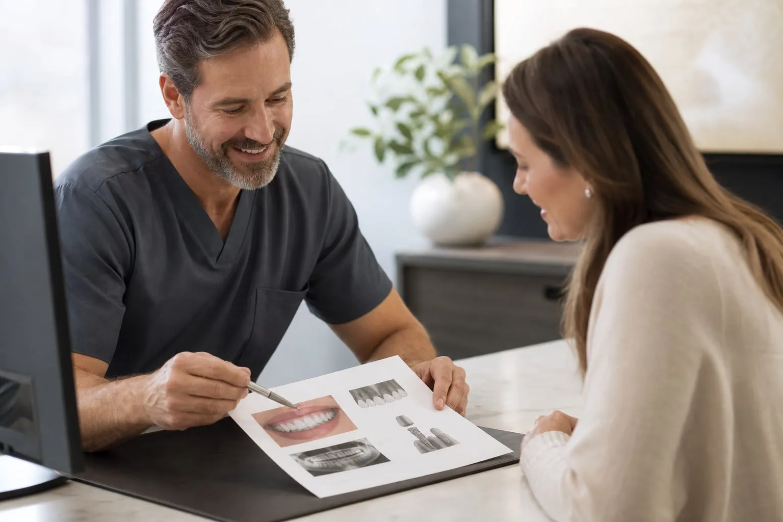A dentist and patient reviewing a transparent dental implant estimate