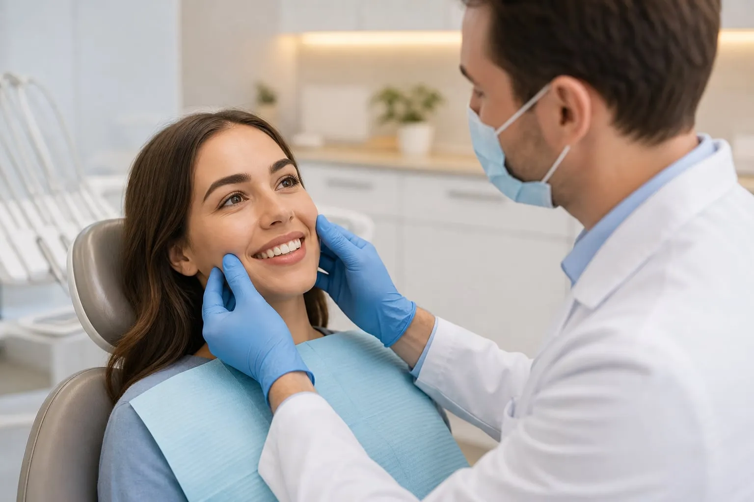 A dentist examining a patient during a dental implant evaluation