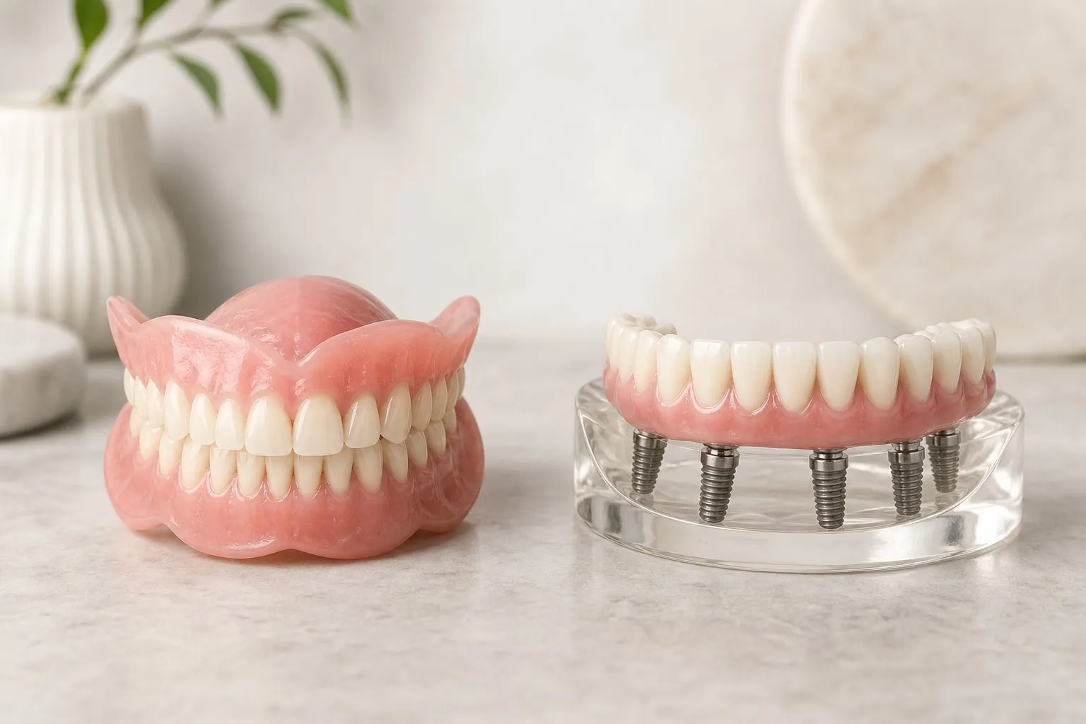 A removable denture beside a fixed implant restoration