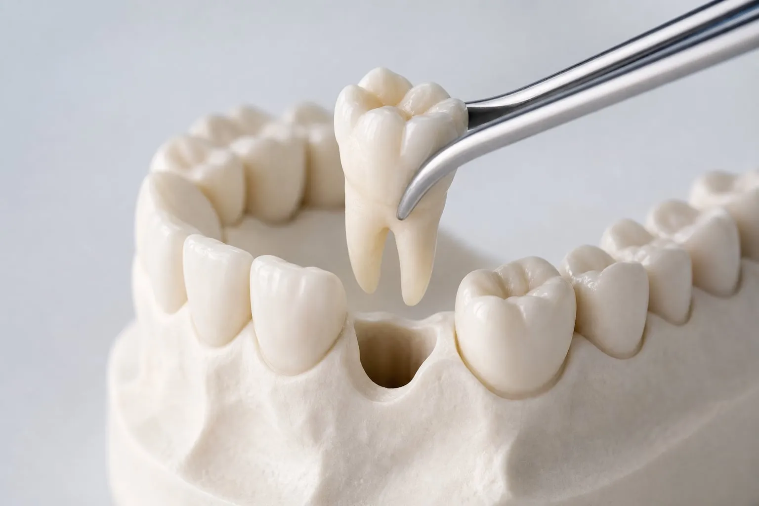 A dental model showing a tooth being removed from its socket