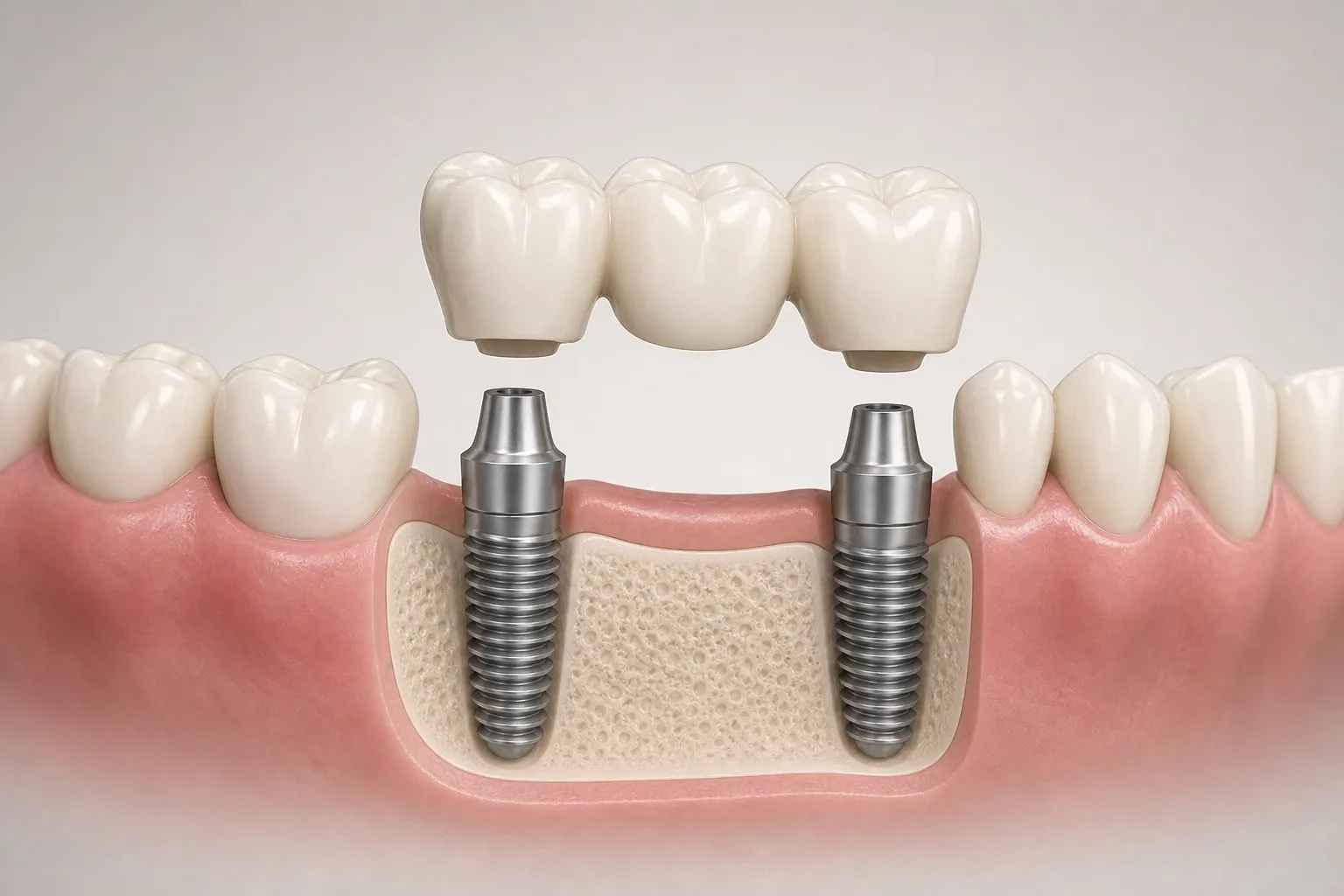A 3D illustration of an implant-supported bridge replacing three missing teeth