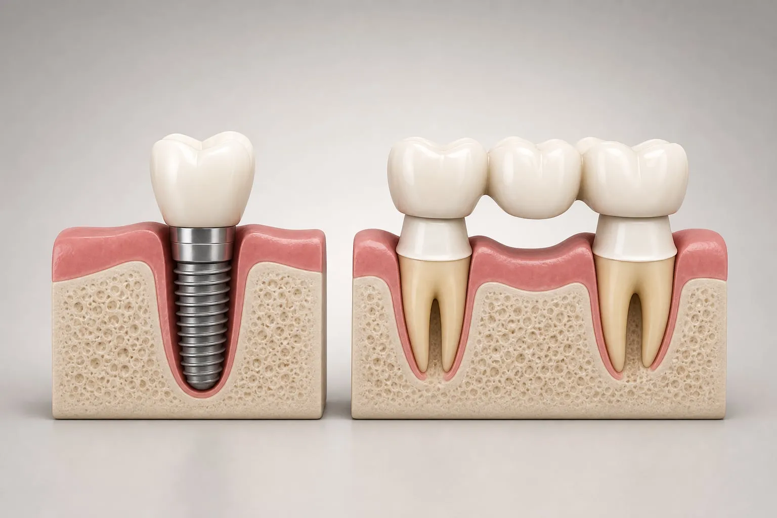 A 3D comparison of a dental implant and a dental bridge