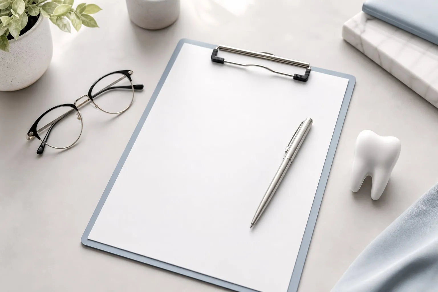 A clipboard, glasses, and a tooth model representing dental insurance and financing