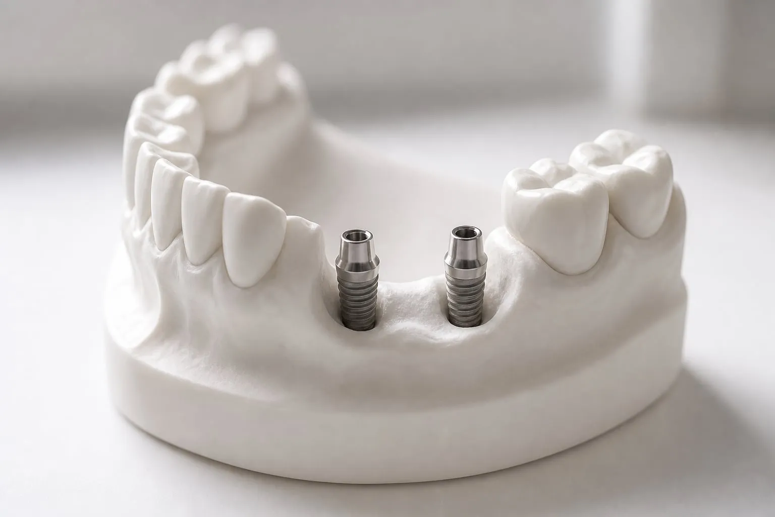 A dental model of a lower jaw with dental implant posts