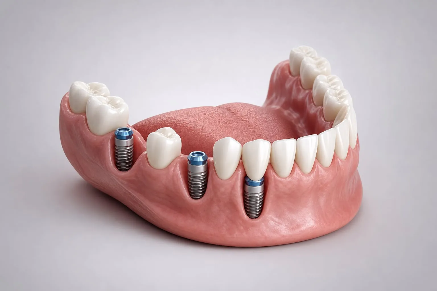 A 3D dental arch model with several implants replacing multiple missing teeth