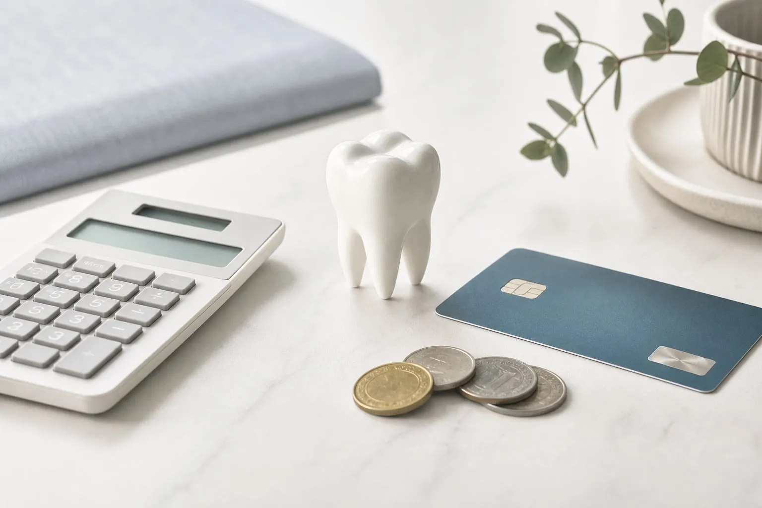A calculator, card, and tooth model representing dental financing options