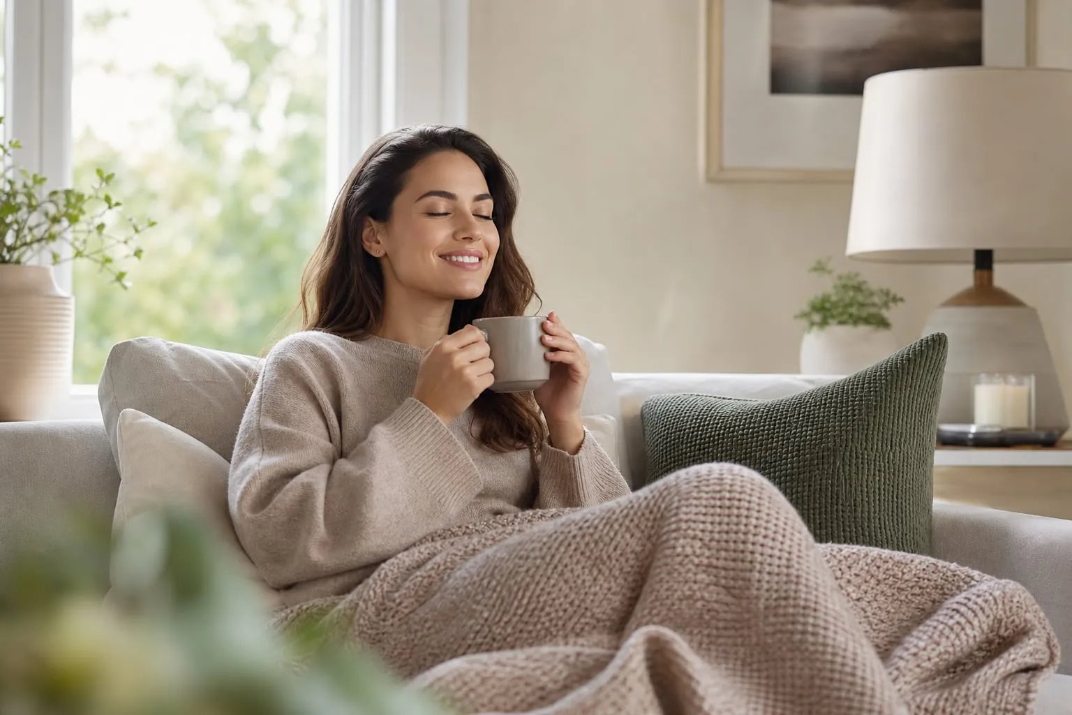 A person resting comfortably at home during dental implant recovery