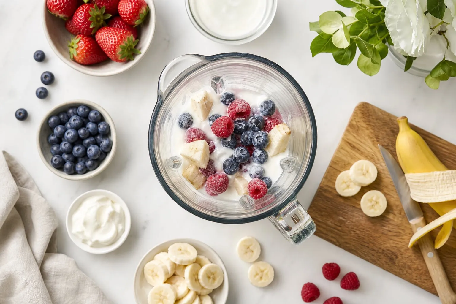 A fresh smoothie being prepared with fruit and yogurt