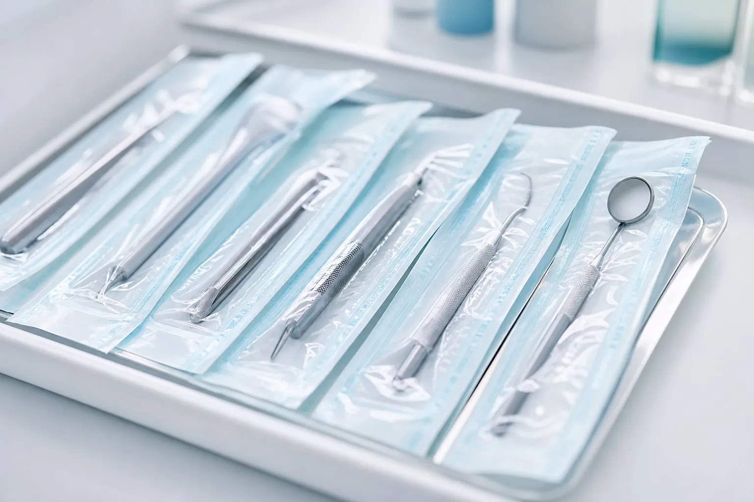 Sterile dental instruments sealed in pouches on a tray