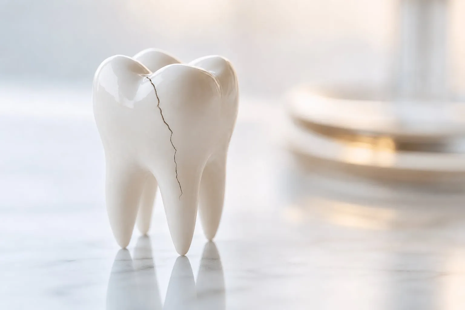 A ceramic tooth model with a visible crack